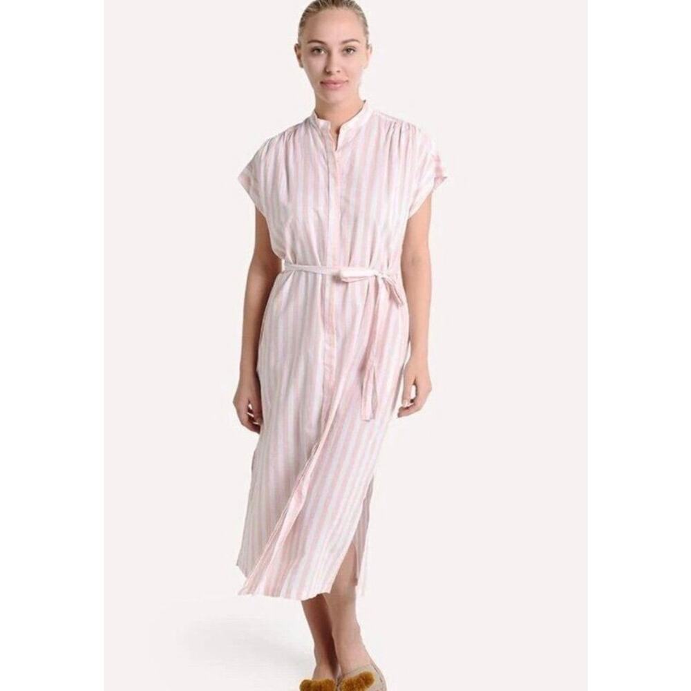 BIRDS OF PARADIS Pink White Cotton Stripe Astrid Dress $248 Trovato SMALL